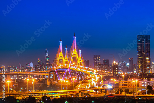 The Bhumibol Bridge (Industrial Ring Road Bridge) (Bangkok, Thailand) Beautiful view at twilight, Bangkok Expressway © nasit