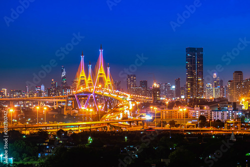 The Bhumibol Bridge  Industrial Ring Road Bridge   Bangkok  Thailand  Beautiful view at twilight  Bangkok Expressway