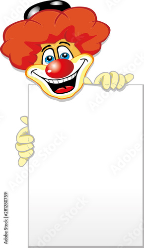The clown holds a blank sheet of paper. Template for advertising, announcement of performances, poster, banner. Invitation. Vector illustration