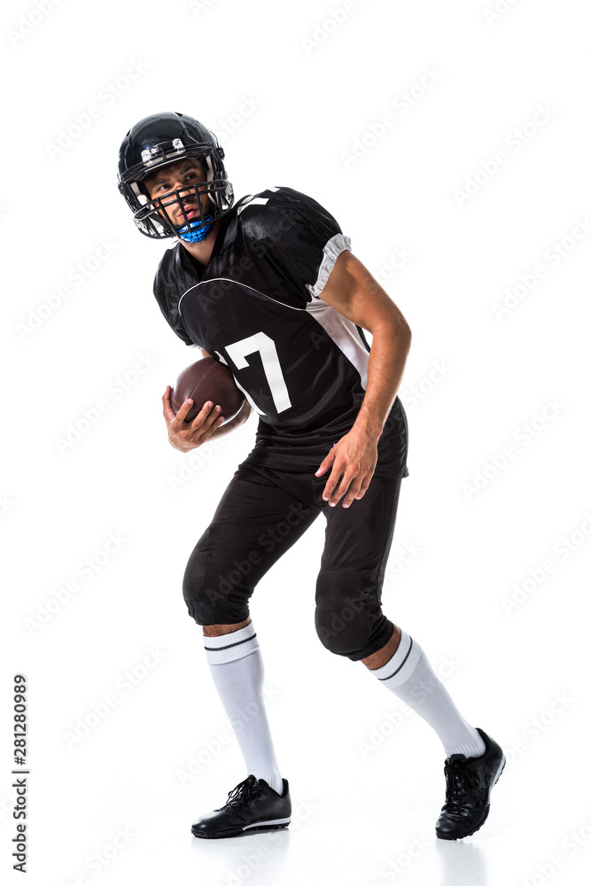 American Football player holding ball On White