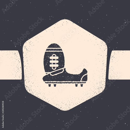 Grunge Soccer or football shoes with spikes icon isolated on grey background. American football boot and ball. Monochrome vintage drawing. Vector Illustration