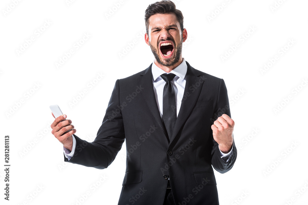 yelling businessman with smartphone and clenched hand Isolated On White yelling businessman with smartphone and clenched hand Isolated On White