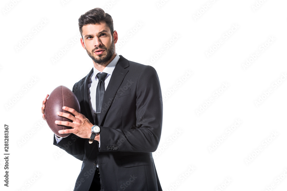 businessman in formal wear with rugby ball Isolated On White with copy space businessman in formal wear with rugby ball Isolated On White with copy space