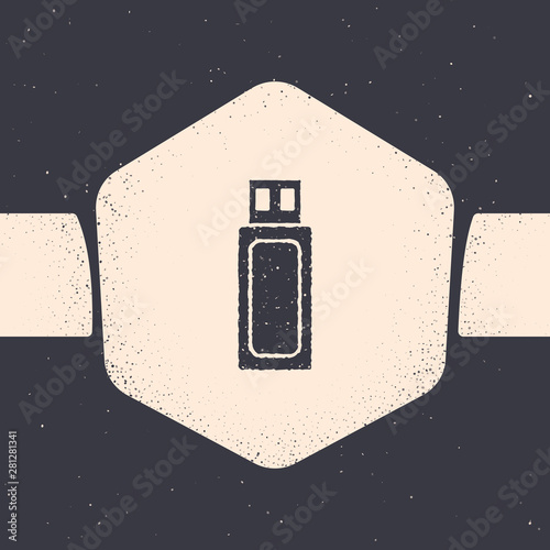 Grunge USB flash drive icon isolated on grey background. Monochrome vintage drawing. Vector Illustration