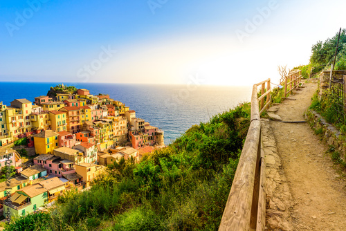Manarola village in beautiful scenery of mountains and sea - Spectacular hiking trails in vineyard with flowers in Cinque Terre National Park, Liguria, Italy, Europe