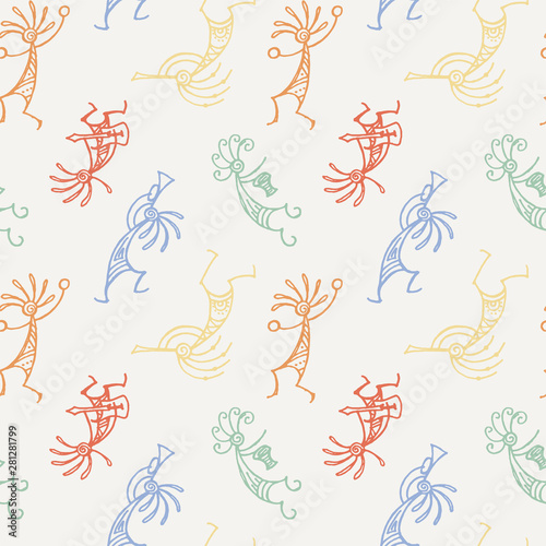 Hand drawn Kokopelli seamless pattern. Stylized mythical characters playing flutes.