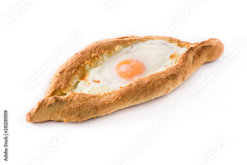 Traditional Adjarian Georgian khachapuri with cheese and egg isolated on white background