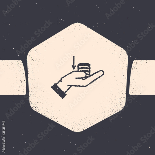 Grunge Money on hand icon isolated on grey background. Palm holds cash with down. Cash salary decrease. Monochrome vintage drawing. Vector Illustration