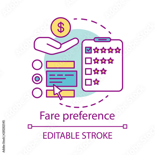 Fare preference concept icon. Transportation costs idea thin line illustration. Travel expenses. Services, airline classes price. Airplane amenities. Vector isolated outline drawing. Editable stroke
