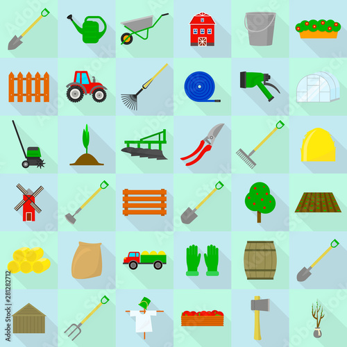 Farming equipment icons set. Flat set of farming equipment vector icons for web design