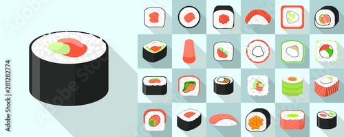 Sushi roll icons set. Flat set of sushi roll vector icons for web design