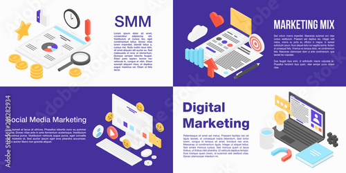 Smm banner set. Isometric set of smm vector banner for web design