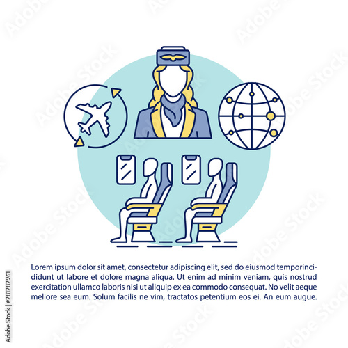 Aircraft cabin article page vector template. Passengers and flight attendant. Brochure, booklet design element with linear icons and text boxes. Print design. Concept illustrations with text space