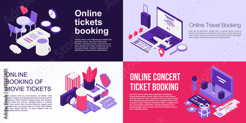 Online tickets booking banner set. Isometric set of online tickets booking vector banner for web design