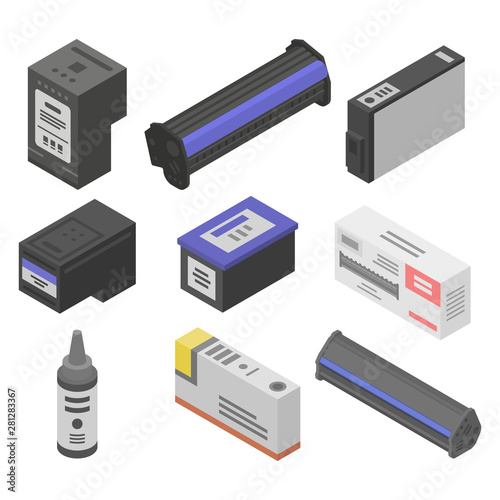 Cartridge icons set. Isometric set of cartridge vector icons for web design isolated on white background