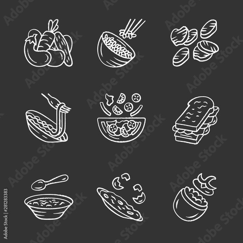 Restaurant menu dishes chalk icons set. Salads, soup, main dishes. Rice, grilled vegetables, omelette, pasta, sandwich. Nutritious food. Isolated vector chalkboard illustrations
