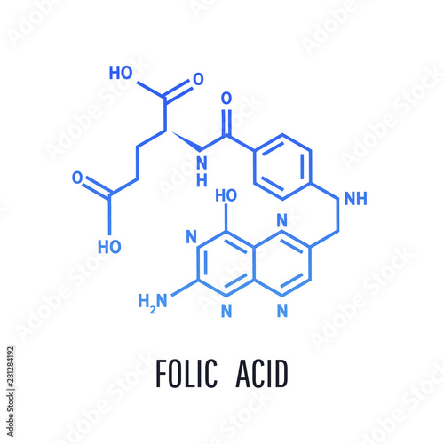 Folic acid Molecular chemical formula on isolated background. Vitamin B9.