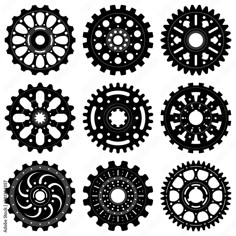 Set of gear wheels or cogs, technology and industry, black and white vector illustration