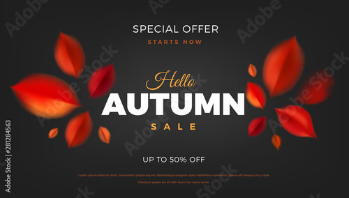 Autumn sale background with red leaves, fall nature vector design elements layout template