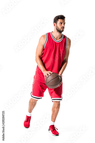 bearded athletic basketball player in uniform with ball Isolated On White