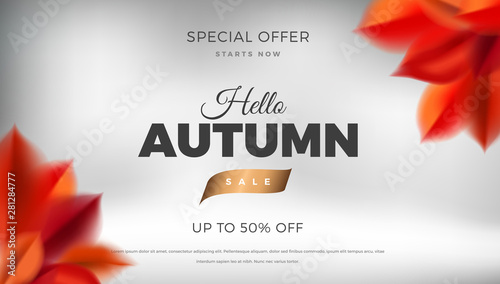 Autumn sale background with red leaves, fall nature vector design elements.Web layout template