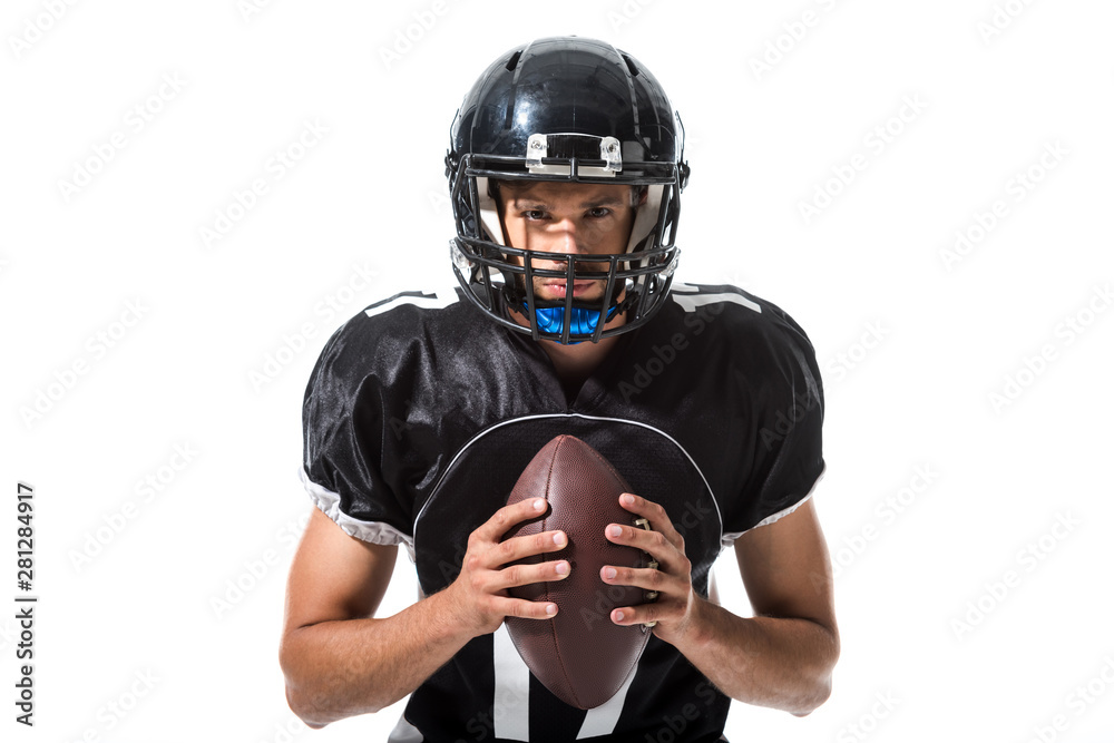 American Football player in helmet with ball Isolated On White