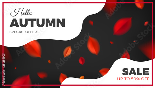 Autumn sale banner background with red leaves, fall nature vector design elements. Web layout template