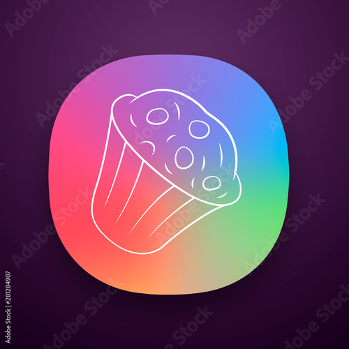 Muffin app icon. Cupcake with chocolate chips, berries, topping. Sweet shop, confectionery, pastry, bakery menu. UI/UX user interface. Web or mobile application. Vector isolated illustration