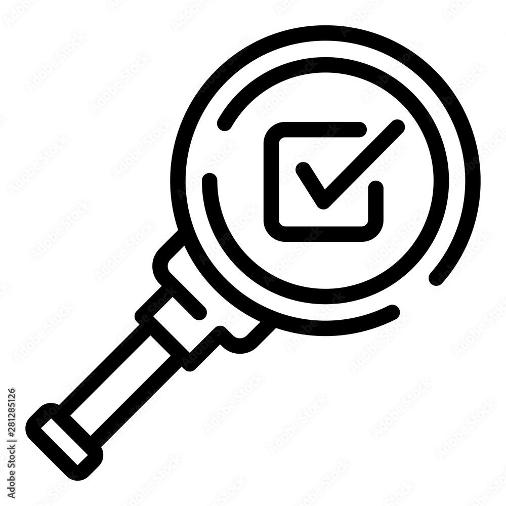 Check box and magnifier icon. Outline check box and magnifier vector icon for web design isolated on white background Check box and magnifier icon. Outline check box and magnifier vector icon for web design isolated on white background