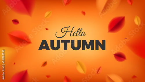 Hello Autumn banner background with red leaves, fall nature vector promo design elements. Web layout template