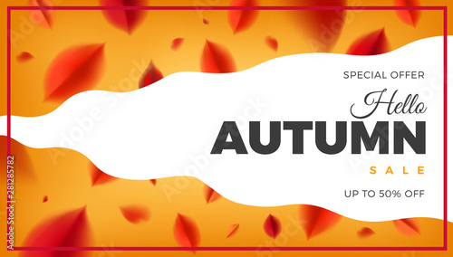 Autumn sale banner background with red leaves, fall nature vector promo design elements. Web layout template