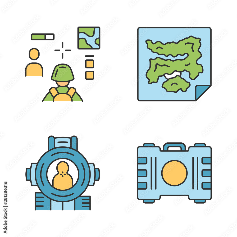 Online game inventory color icons set. Esports, cybersports. Battle royale. Computer, video game equipment
