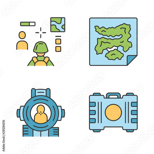 Online game inventory color icons set. Esports, cybersports. Battle royale. Computer, video game equipment. Map, container, shooting aim, 3d shooter. Isolated vector illustrations
