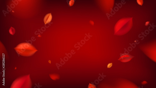 Red Autumn banner background with flying leaves, fall nature vector design elements. Web layout template