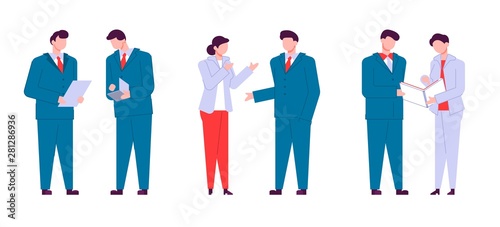 Modern cartoon flat people characters talking  colourful contour style. Colorful character people in conversation. Business people.