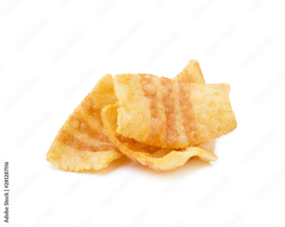 Fried wheat potato snack with smoked bacon flavor isolated on white background Fried wheat potato snack with smoked bacon flavor isolated on white background