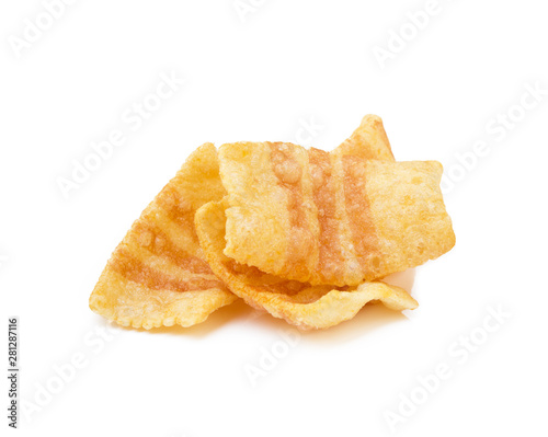 Fried wheat potato snack with smoked bacon flavor isolated on white background