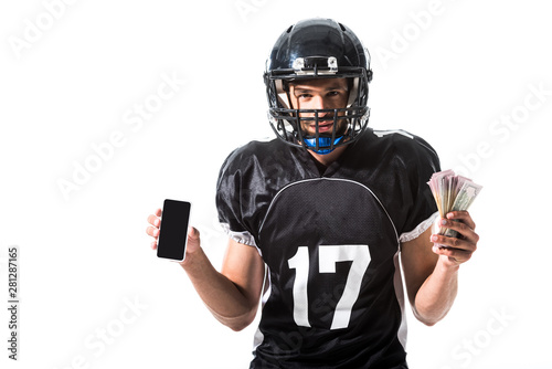 yelling American Football player with smartphone and money Isolated On White