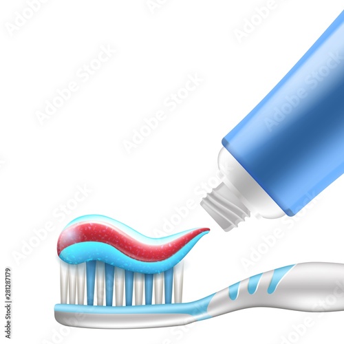 The toothpaste being applied to the nylon bristles of toothbrush head. Teeth cleaning and brushing.