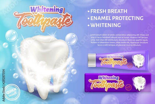 Advertising design concept of the whitening toothpaste. Realistic vector illustration of the dental care and treatment.