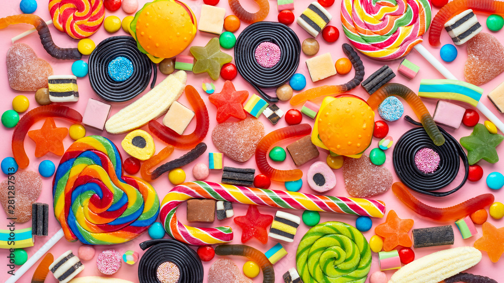 beautiful colourful festive sweets and candies like background, top view, panorama