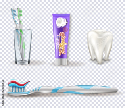 Set of the dental items. Collection of the tooth brushing objects on the transparent background.