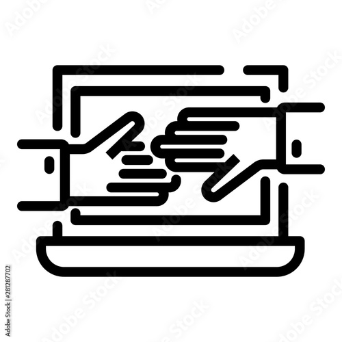 Laptop and hands icon. Outline laptop and hands vector icon for web design isolated on white background