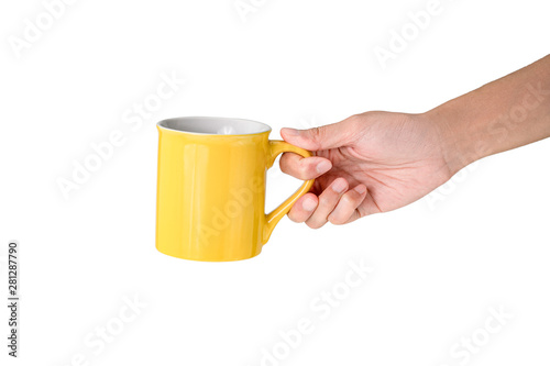 two hand holding a yellow mug with white background and clipping path