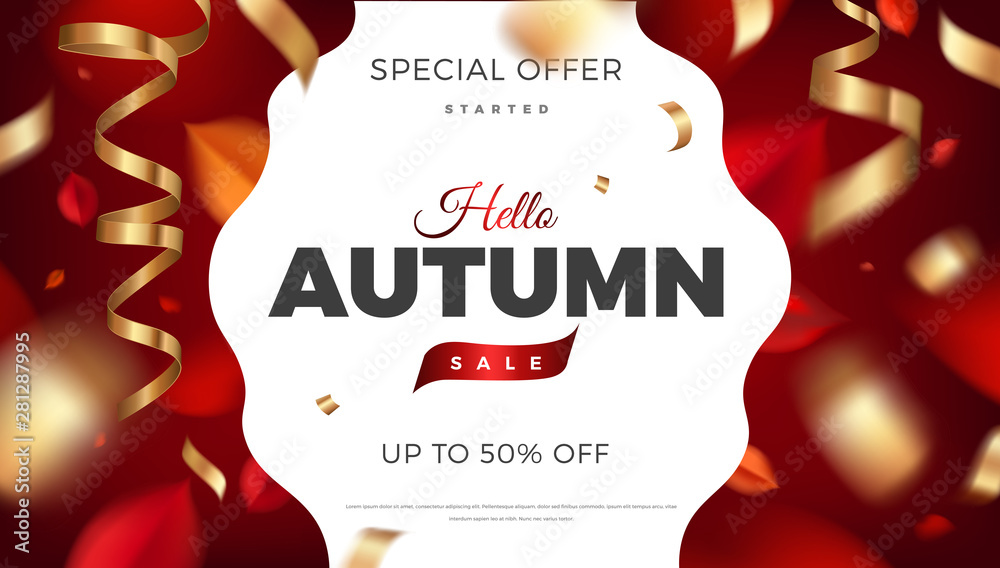 Black Friday sale banner background with red leaves and golden confetti decoration, vector promo design elements. Web layout template