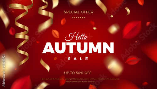 Autumn sale banner background with red leaves and golden confetti decoration, vector promo design elements. Web layout, fall template