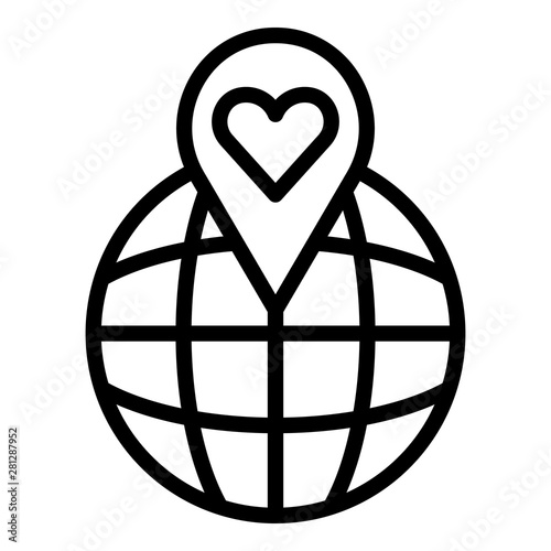Heart point on the globe icon. Outline heart point on the globe vector icon for web design isolated on white background
