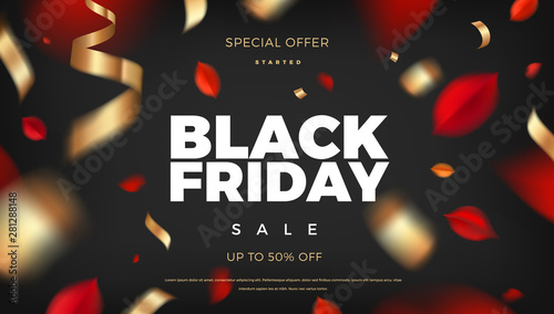 Black Friday sale banner background with red leaves and golden confetti decoration, vector promo design elements. Web layout template