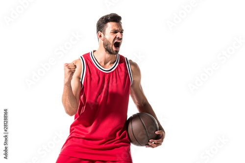 basketball player in uniform with ball cheering with clenched hand Isolated On White © LIGHTFIELD STUDIOS