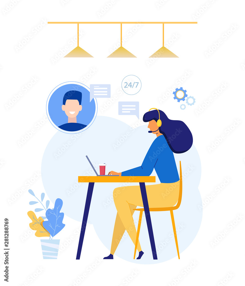 Customer service and operator concept. Vector character woman in flat style with headset consulting a client. Company online technical support